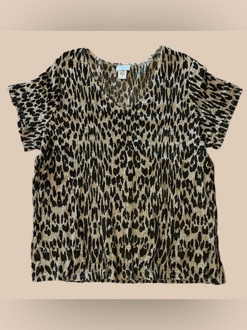 Jaclyn Smith Taupe and Black Leopard V-Neck Short Sleeve Top